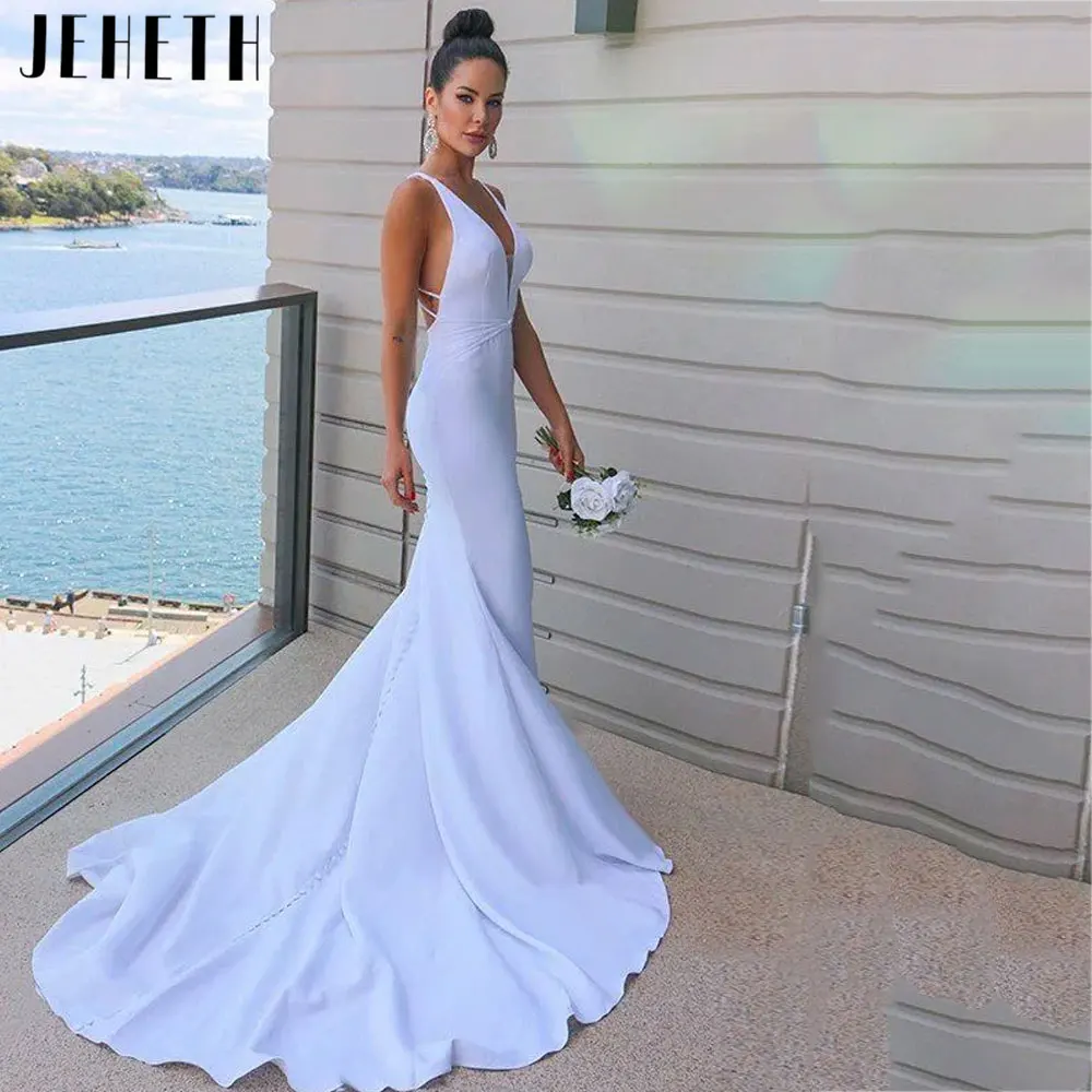 JEHETH Vintage V-Neck Mermaid Wedding Dresses Charming Sleeveless Backless Bridal Gowns White Satin Custom Made Robe De Mariee