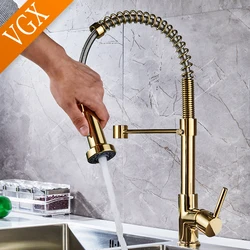 VGX Pull Out Kitchen Sink Wasserhahn Stream Sprayer Küche Gourmet Wasserhahn Drehbare Becken Mischbatterie Heiß Kalt Kran Messing Schwarz gold