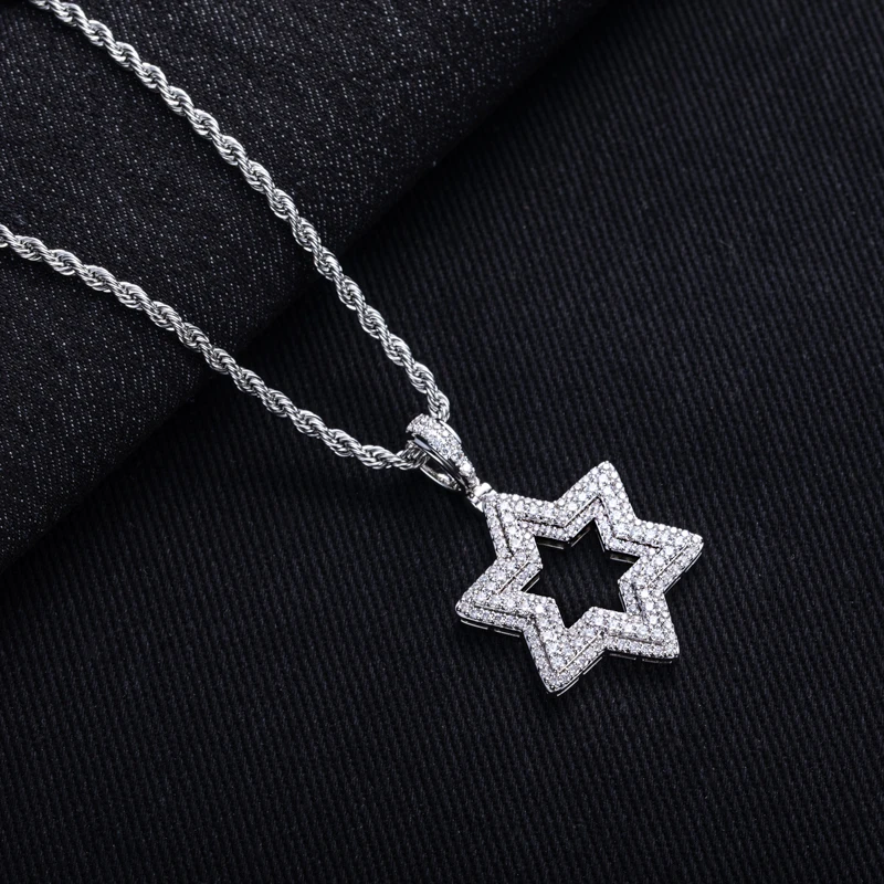 MossanRappr 5.89cttw Moissanite Iced Out Star of David Pendant 14K Gold Plated Hip Hop Hexagram Necklace Men Party Style Jewelry