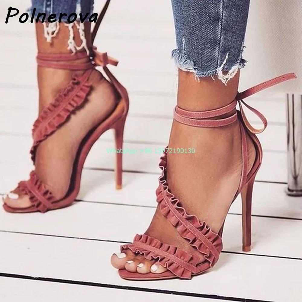 Wrinkled Edge Solid Ankle Band Sandals Round Toe Thin Heels Lace Up Ladies Shoes Straight Strap Pleated Street Photo Shoes