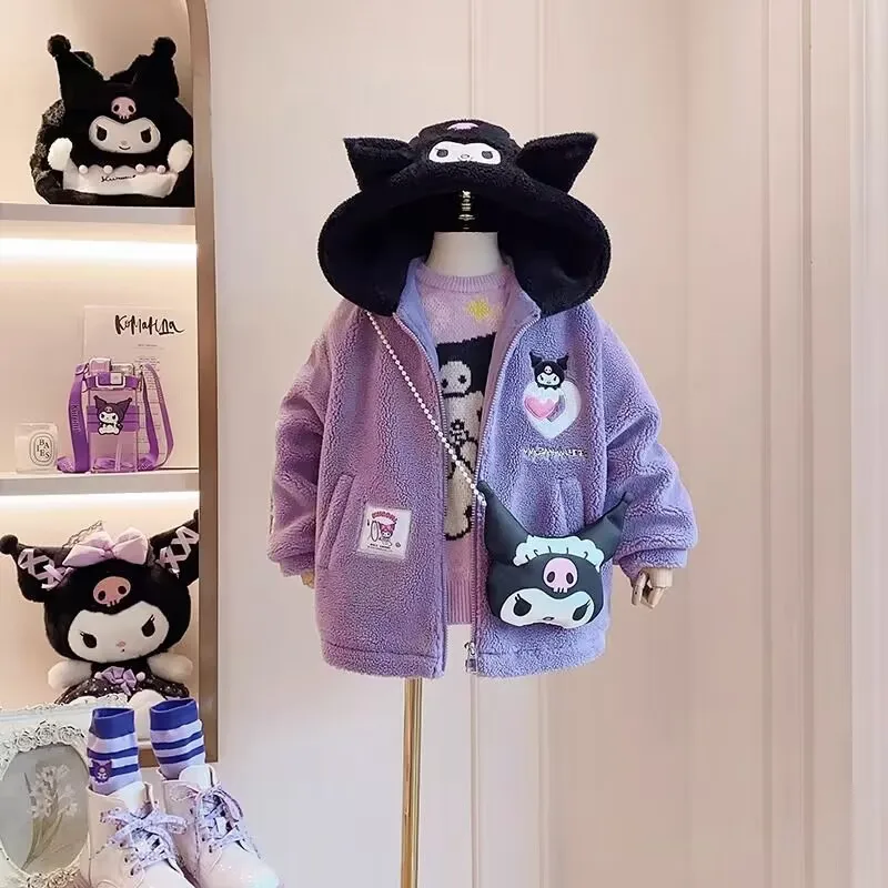 Kawaii Sanrio Kuromi Girls Hooded Jacket Cartoon Long Sleeve Top Kids Thickened Coat Children's Autumn Winter Outwear Clothing