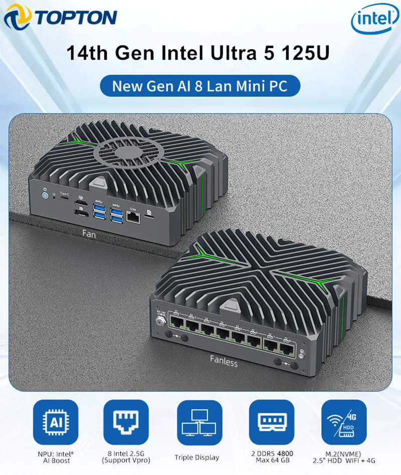 8x2.5G LAN Firewall Mini PC Intel Core Ultra 5 125U VPro IoT AI Edge Industrial Computer Network Server pfSense OPNsense Router