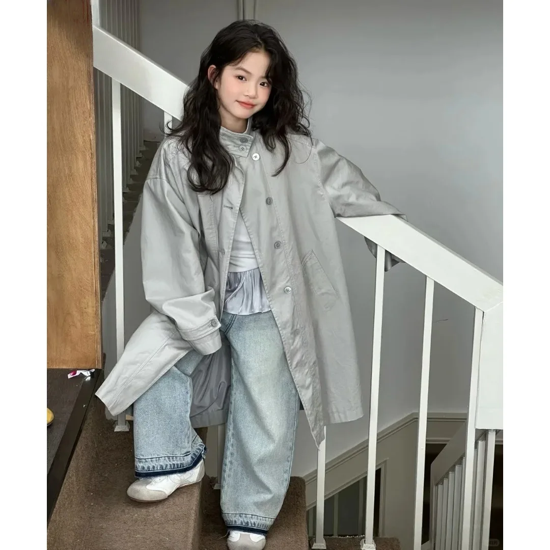 Autumn Children Girls Trench Coat Solid Loose Young Teenager Girls Mid-length Jackets Casual 4-14Y Kid Girls Outerwear Coats