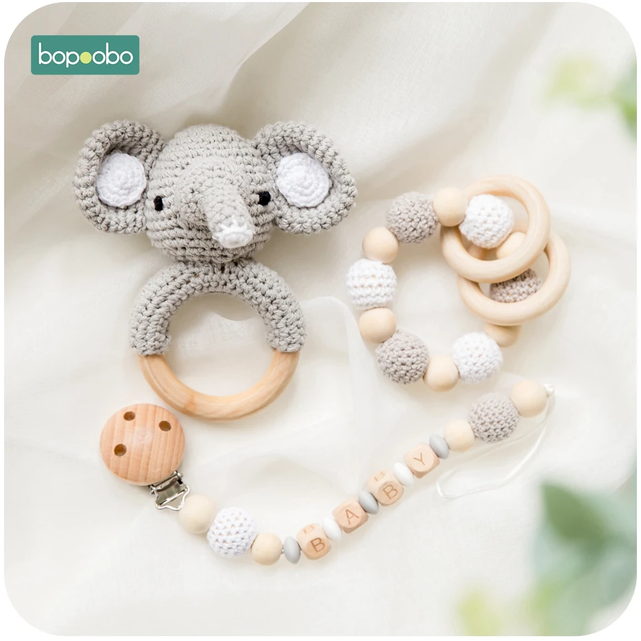 Bopoobo 1pc Baby Teether Silicone Beads Wooden Baby Pacifier Chain Baby Pram Crib DIY Customized Rattle Soother Bracelet Teether