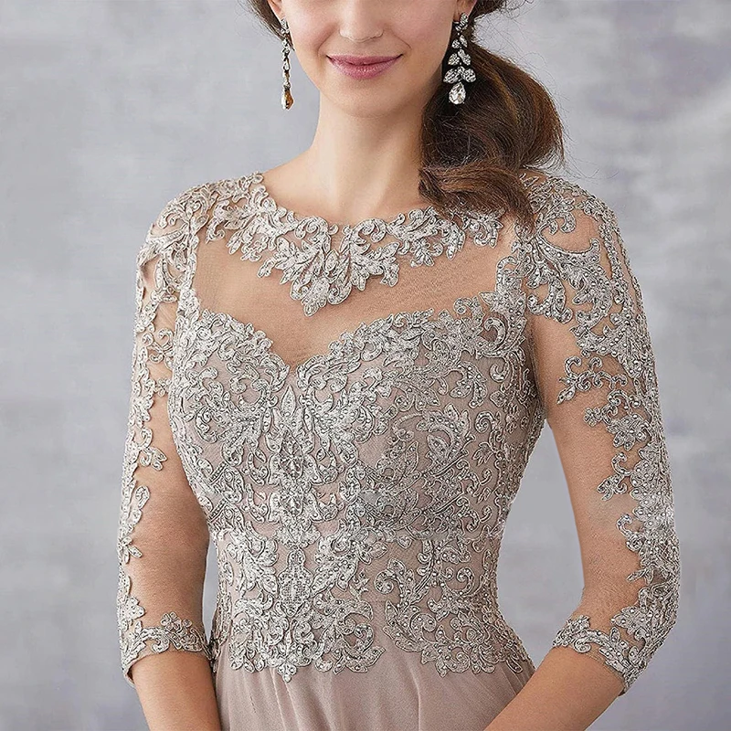 فستان سهرة نسائي بلون الشمبانيا مع خط عنق وهمي ثلاثة - أكمام دانتيل ربع فستان أم العروس لحفلات الزفاف #3