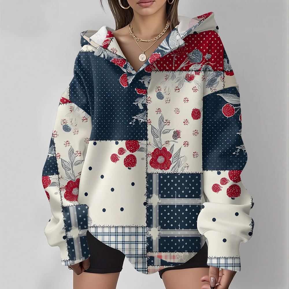 

Harajuku цветочная лоскутная толстовка женская негабаритная винтажная толстовка с цветочным принтом красный синий клетчатая уличная одежда Y2K хипстерские толстовки