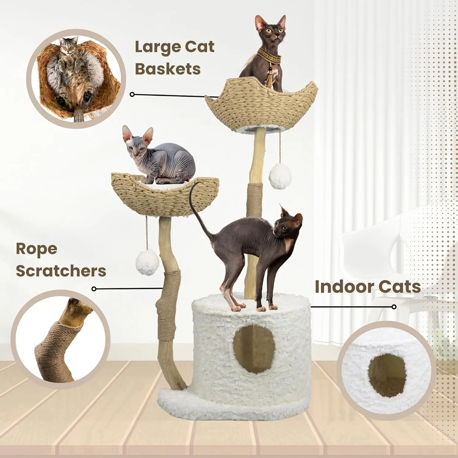 Cat-Tree Tower Modern Cat Furniture ไม้จริงสาขาโพสต์แมวขนาดใหญ่คอนโด Multi-Cat Perch สีขาว 46"