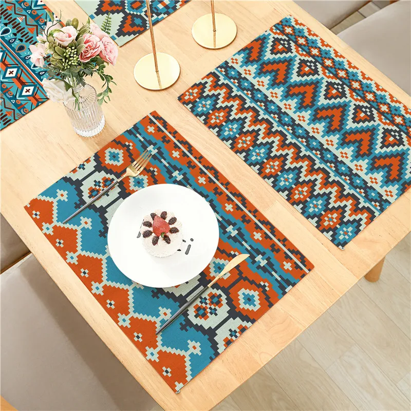 Bohemian Green Blue Tones Round Rhombus Patterns Flax Insulated Placemat Decoration Dinner Table 45x32cm