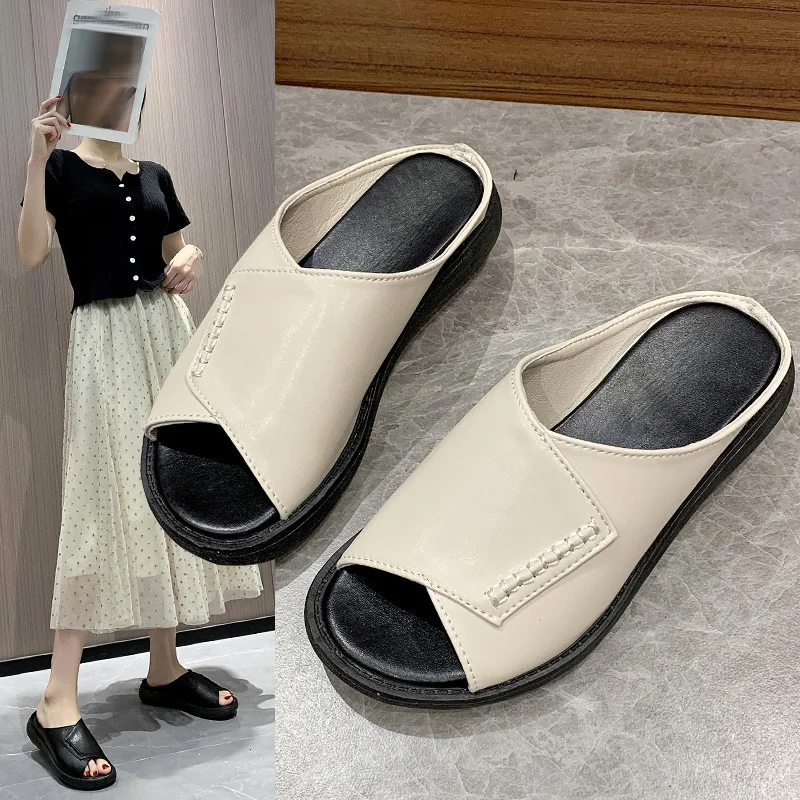 Leather Wedge Sandals and Slippers Women's 2022 Summer New Thick Bottom Raised Platform Shoes Fish Mouth One Word Flip Sandals