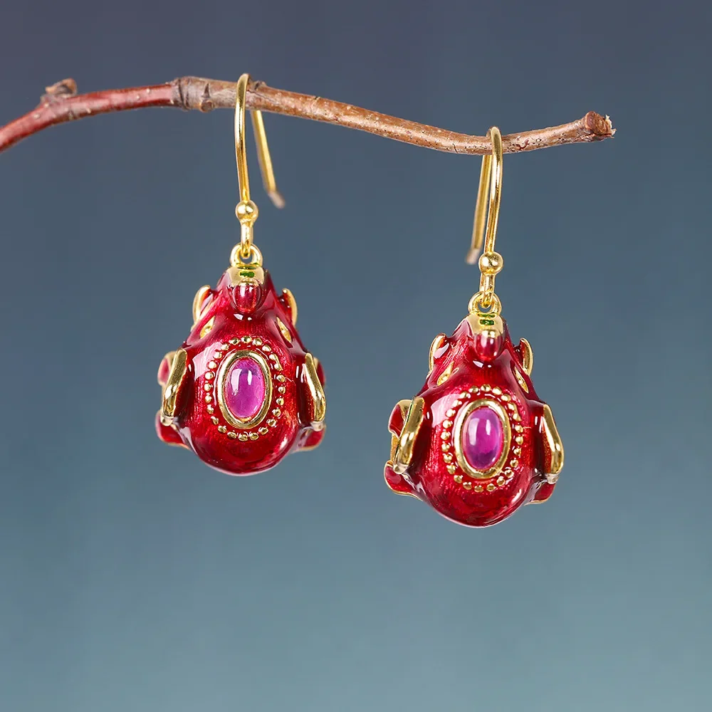 Classic inlay pink carnelian exquisite earring Drop ethnic style red enamel elephant earrings for women banquet jewelry gifts