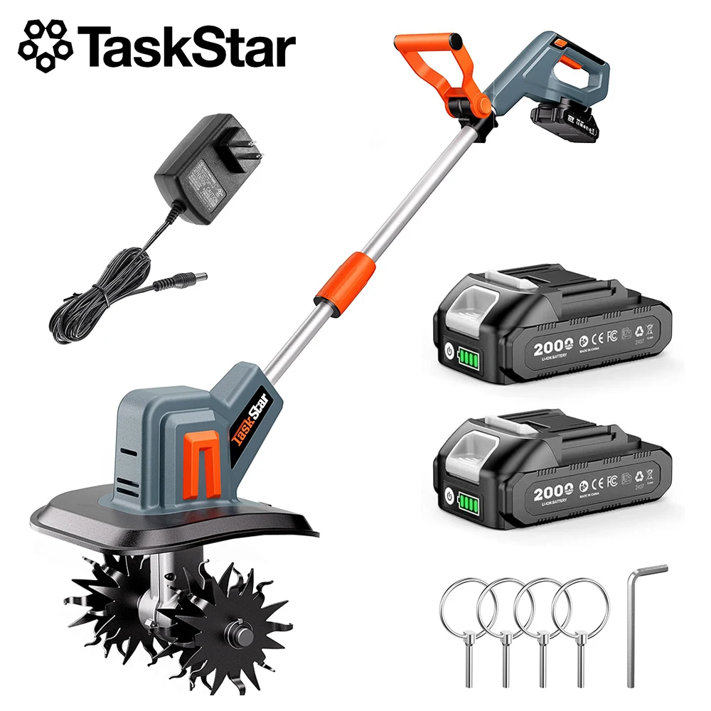 Motoculteur sans fil TaskStar pour le jardinage Motoculteur électrique 360 tr/min Cultivateur alimenté par deux batteries 2,0 Ah Avec 48 dents en acier robuste Utilisé pour les travaux agricoles