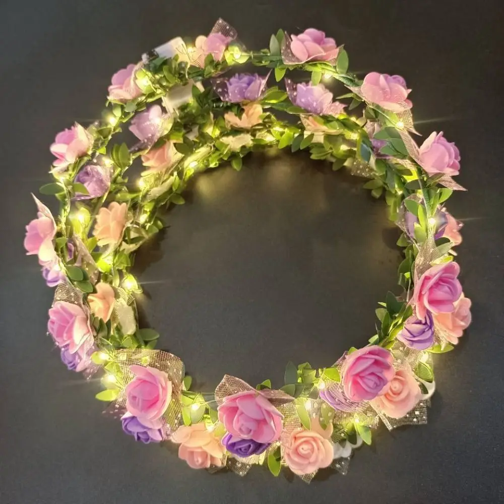 Elegant Simulation Rose Flower Wreath Headband Luminous Tiara Flower Crowns LED Light Garland Glowing Wreath Wedding