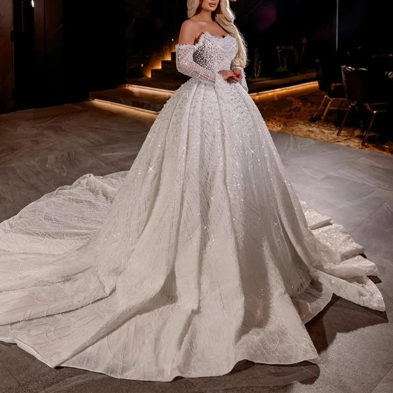 

Stunning Off The Shoulder Beaded Pearls Wedding Dress Long Sleeve A-line with Long Train Customized for Brides