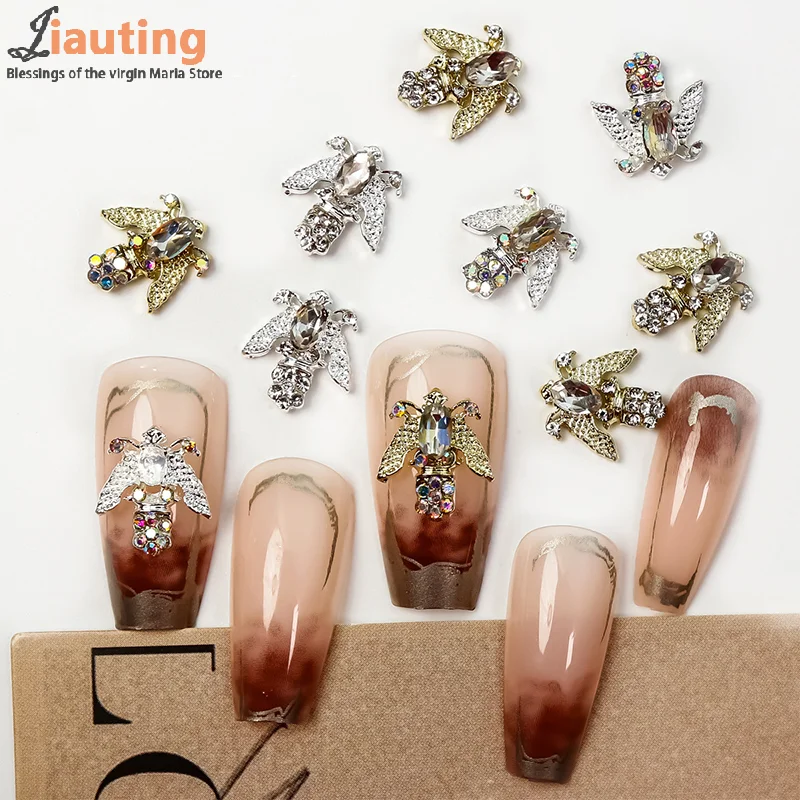 3pcs Cute Bee Series Nail Charms Metal 3D Bee Nail Rhinestones Shiny Jewelry For Nail Art Decorations