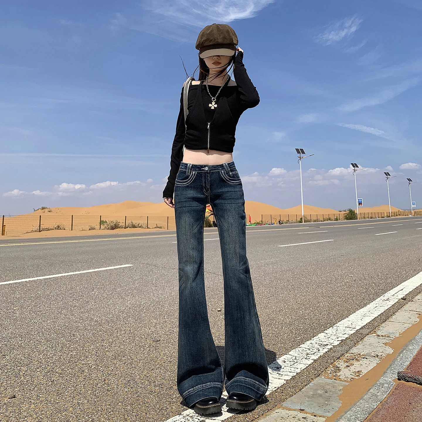 

Jeans Women Y2k Pants Low Rise Bootcut Stretch Denim Trousers Autumn New Deep Blue Slim Fit Sexy Vintage Style