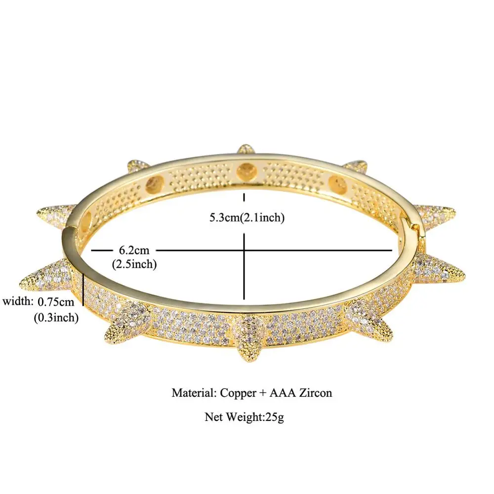 Hip Hop Full AAA+ Cubic Zirconia Ice Out Bling Rivet Open Bangles Bracelets for Women Men CZ Rapper Jewelry Gold Silver Color