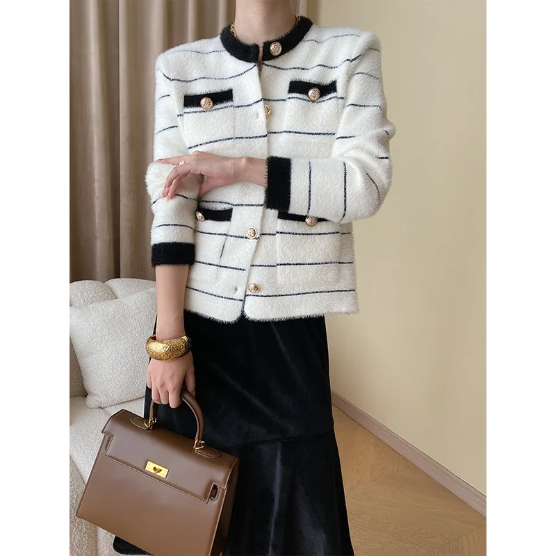 

French Casual Small Fragrance Contrast Striped Knit Coat Female Autumn O Neck Long Sleeve Korean Fashion Women Sweater Cardigan