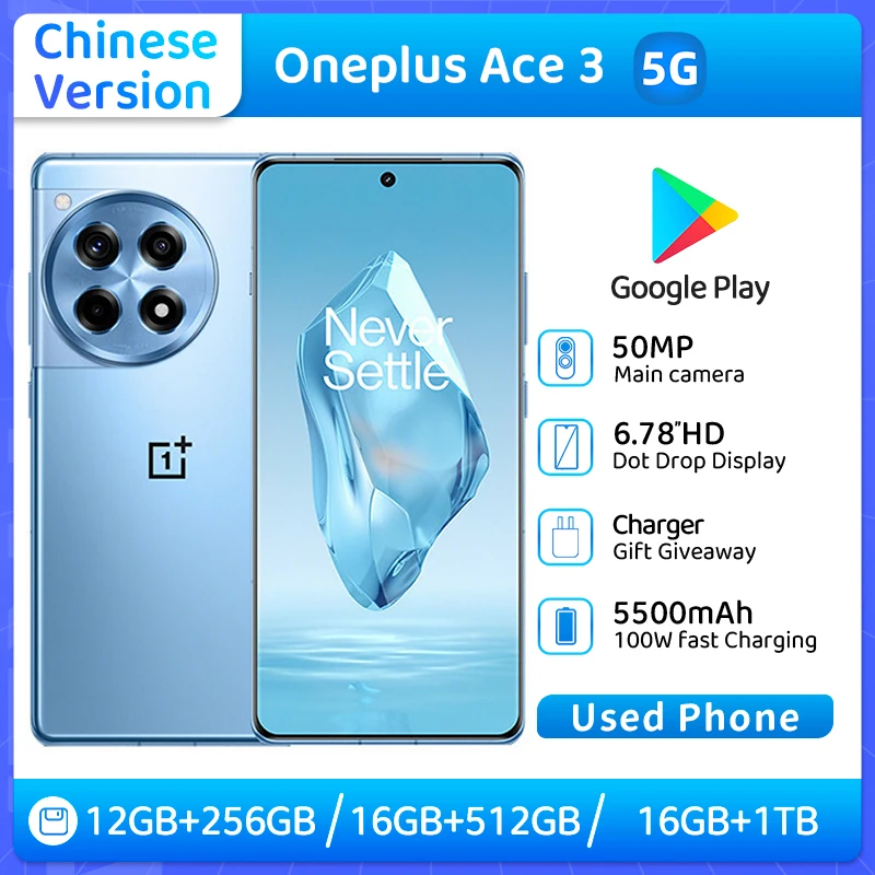 Смартфон OnePlus ACE 3 5G, разблокированный, 6.78 дюйма, 12/16 ГБ ОЗУ, 256 ГБ/512 ГБ/1 ТБ ПЗУ, аккумулятор 5500 мАч, две SIM-карты, Android, б/у
