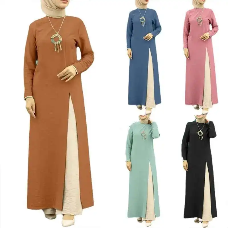 

Muslim Women's Ice Silk Wrinkled Long Sleeved High Slit Hem Dress Fashionable Solid Color Elegant Intellectual Women's Robe