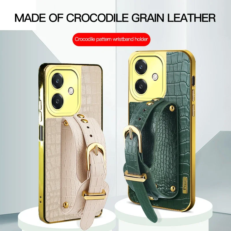 악어 무늬 PU 가죽 OPPO A40m A38 A18 A5 Pro A3x 4G 5G용 손목 스트랩 스탠드 홀더 소프트 커버 케이스