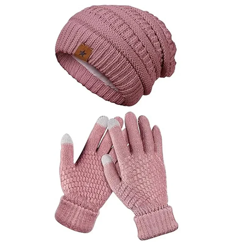 Winter Beanie Hat  Gloves, Warm Fleece Knit Winter Hats Touch Screen Gloves set Winter Gifts for Unisex Adult