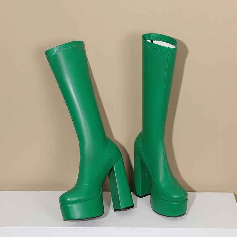 Super High Thick Heel Solid Color Simple Style Knee High Boots High Waterproof Platform Sewing Women's Boots Winter New image 4