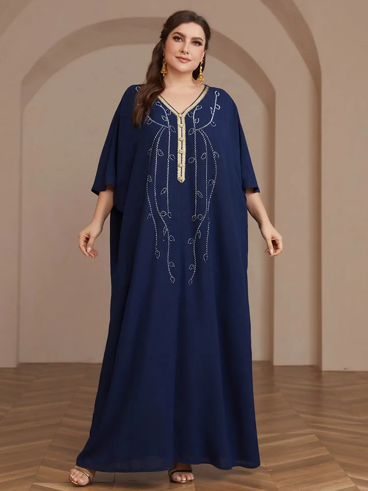 Morocco Eid Party Loose Muslim Abaya Diamond for Plus Size Women Short Sleeve Maxi Dress Turkey Dubai Kaftan Islamic Caftan Robe