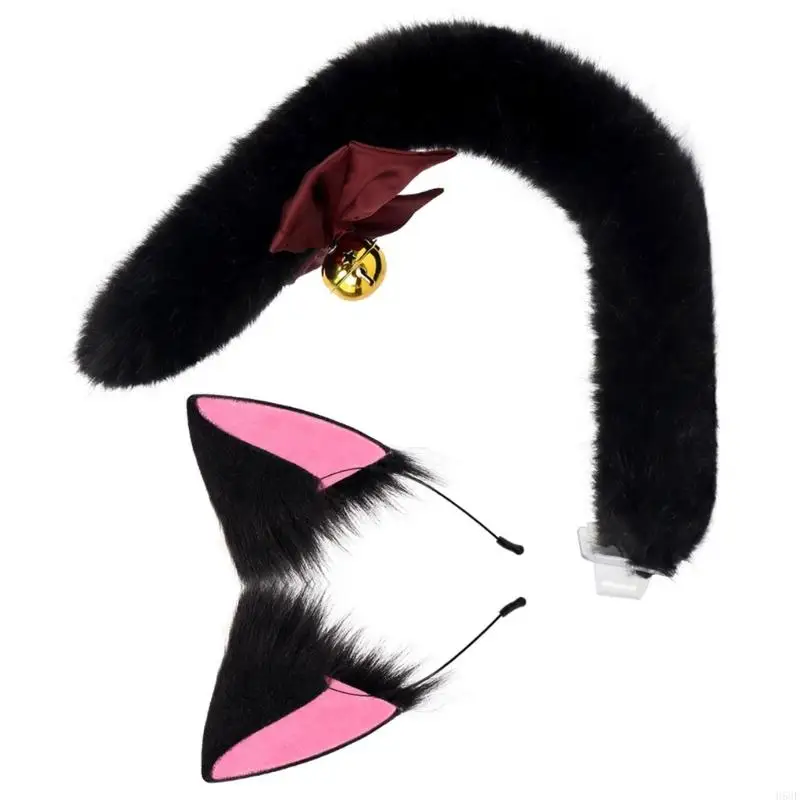 H58E Cats Disfraz Conjunto disfraces con orejas gatos y Tail Furry Halloween Disfraz animales para niños Mujeres