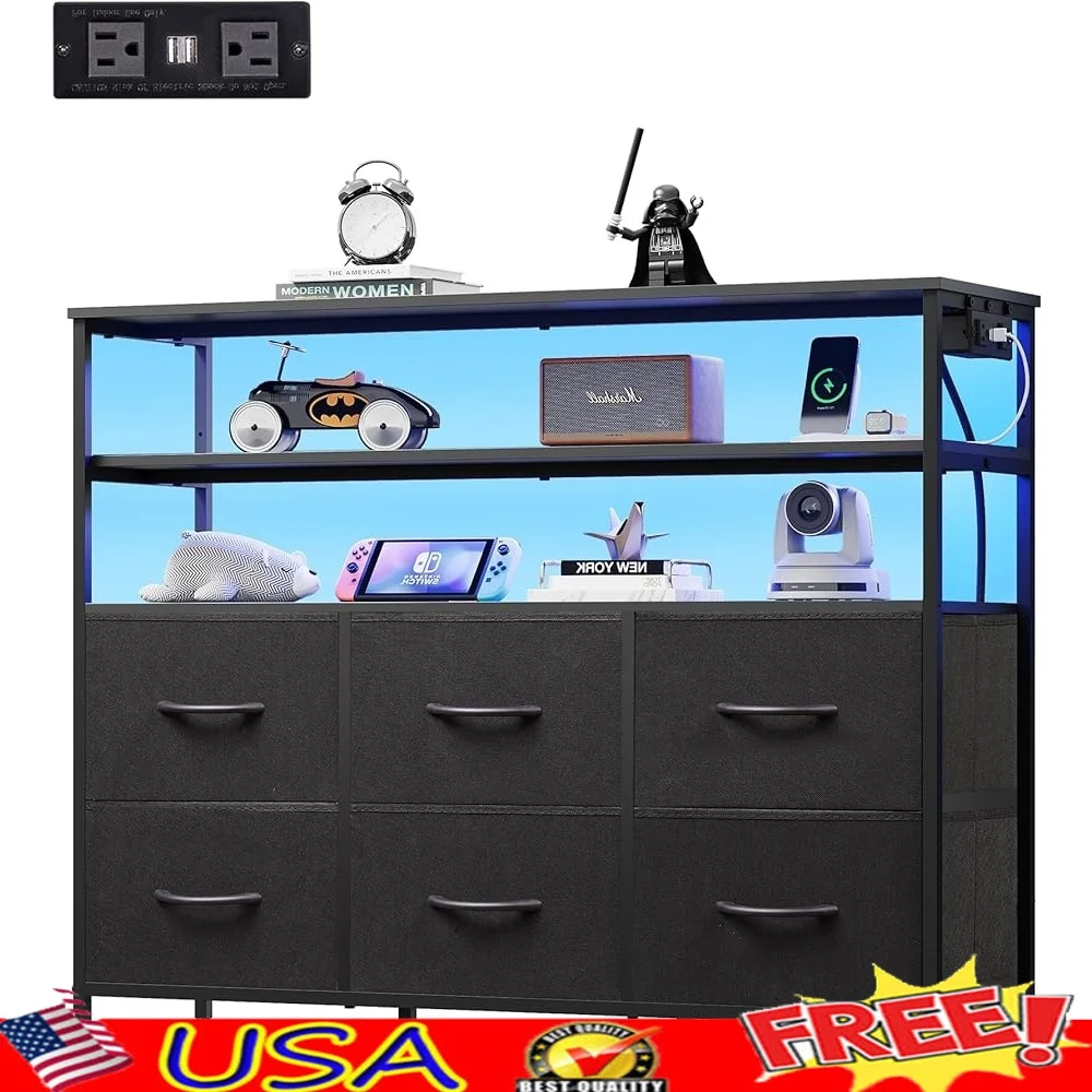 

6 Drawer Chest of Drawers with LED Lights Charging Station Fabric Storage Dresser Open Shelves Organizer Bedroom Living Room
