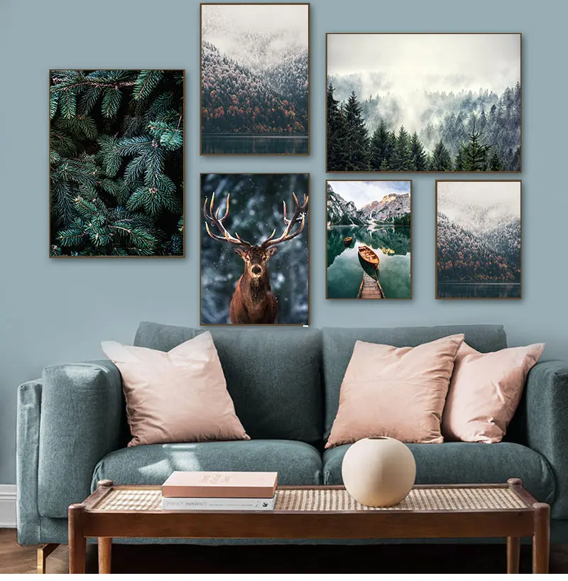 Landscape Poster Nature Decorative Picture Home Nordic Fog Forest Deer Animal Canvas Wall Art Print Painting Mountain Lake