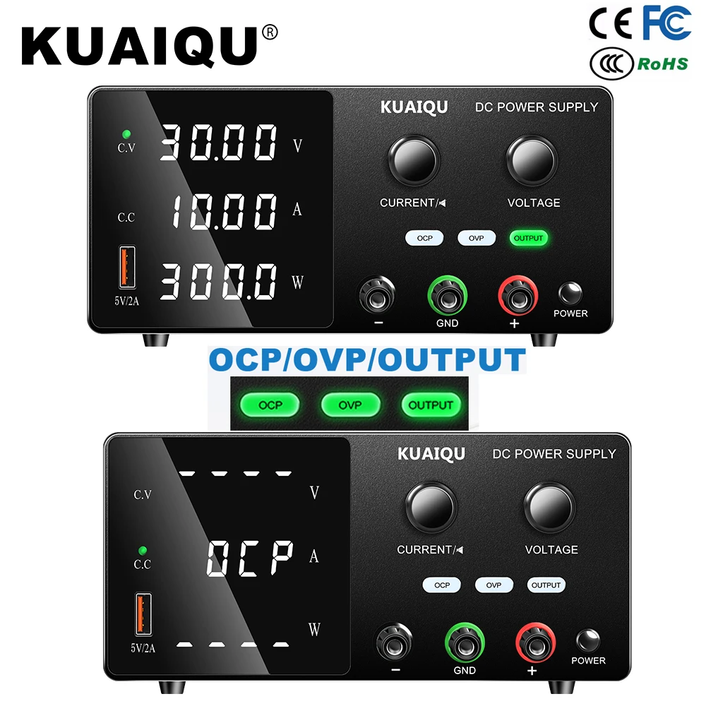 

KUAIQU DC Lab Power Supply 30V 10A 60V 120V Adjustable Bench Voltage Regulator Switching Power Supply Preset Current ON/OFF
