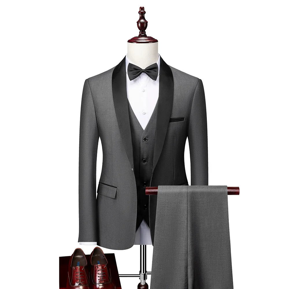 Jaket Rompi Celana Warna Solid Pria Formal Bisnis Kantor Jas Pengantin Pria Pernikahan Gaun Pesta Blazer Rompi Celana Tuksedo Setelan