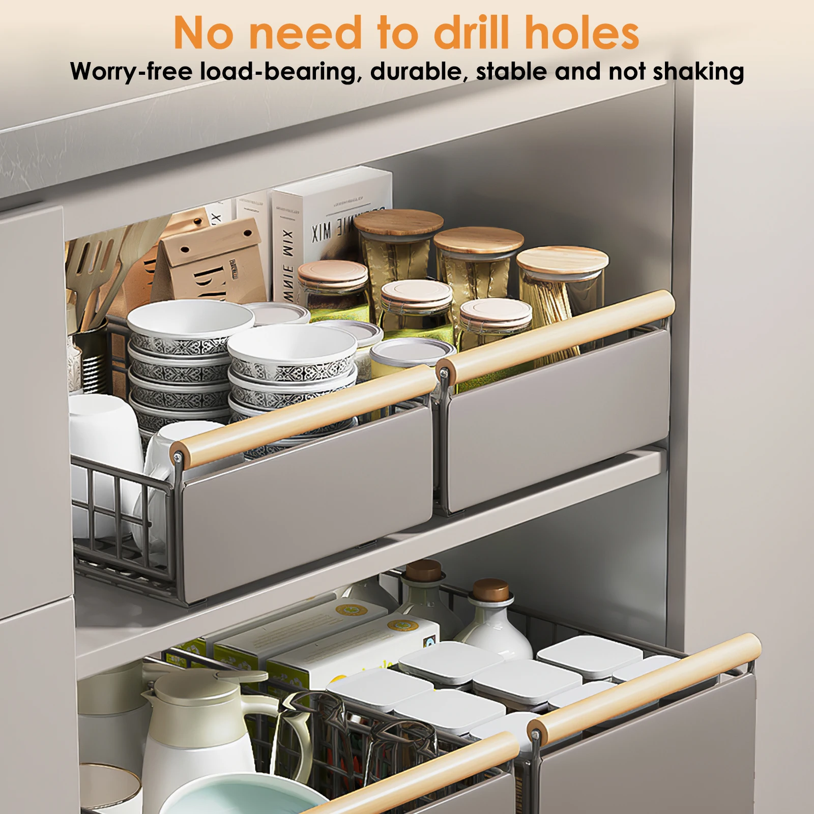 Organiseur de placard coulissant Deeper Pull Out, tiroirs coulissants en métal avec guides de tiroir, poignées en bois, supports de rangement multifonctionnels pour l'organisation des placards de cuisine