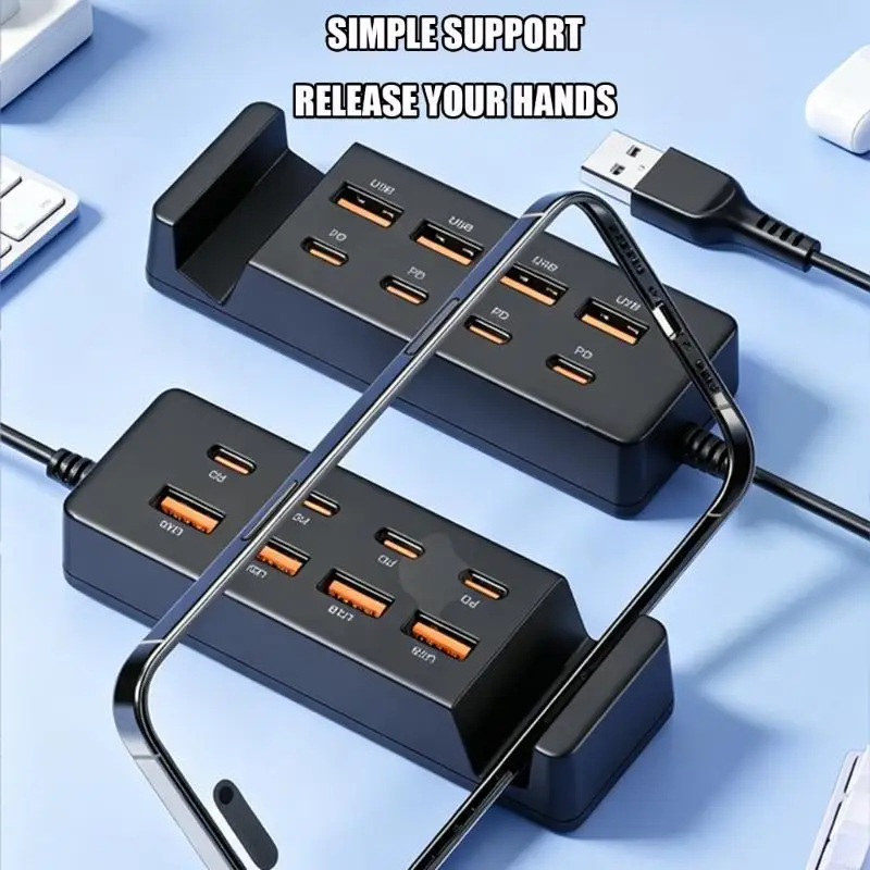 Q6PA Eight-Way USB Charging Station with Integrated Vertical Phone Stand Adapter