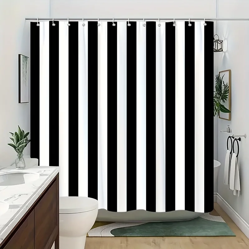 1pc Black & White Striped Minimalist Shower Curtain - Modern Design with Alternating Stripes, Machine Washable Polyester, Multip
