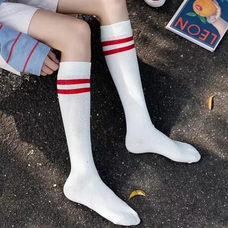2 Pairs Women Striped Cotton Long Socks Japanese JK Knee High Stockings Long Tube Leg Solid Color Girls Students Warm Socks