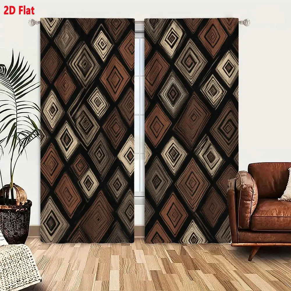 2Pcs Curtains 2D Flat Geometric Diamond Pattern With Earthy Brown Tones And Black Background For Textiles And Wallpaper Window D