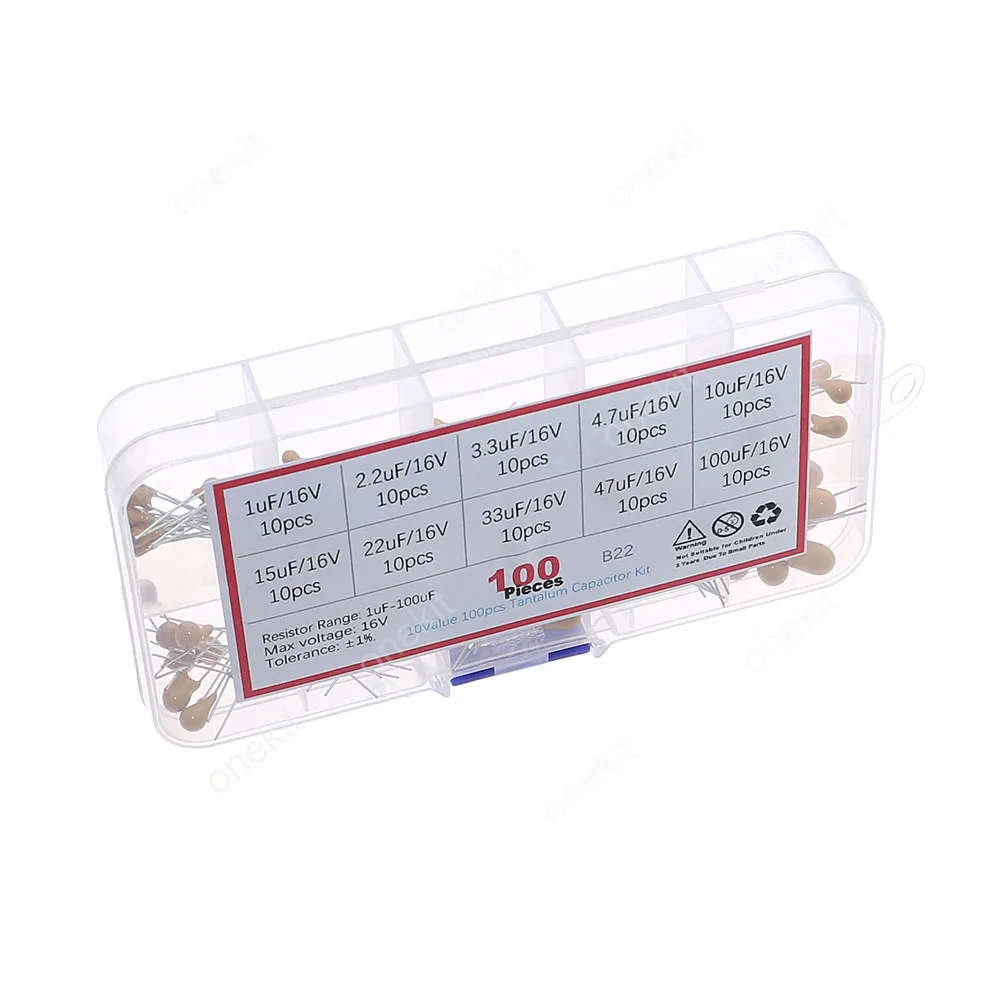 

10Values 100pcs 16V 1uF - 100uF tantalum capacitor Assorted kit with storage box