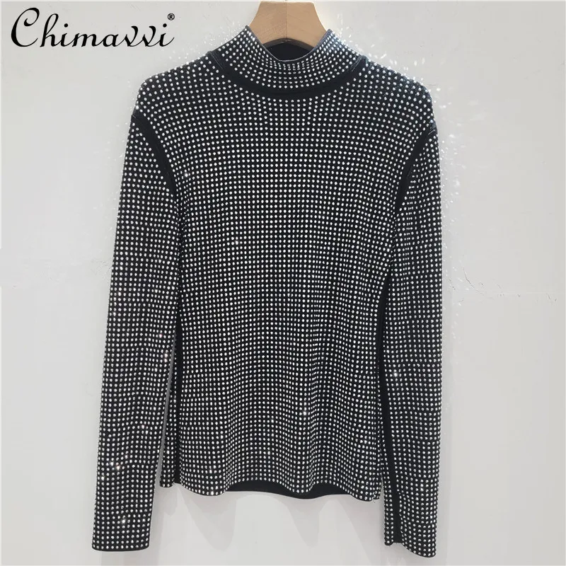 

High-end Fashion Semi-turtleneck Hot Diamond Versatile Bottoming Shirt Autumn New Black Slim-fit Inner Long-sleeved Women Tops