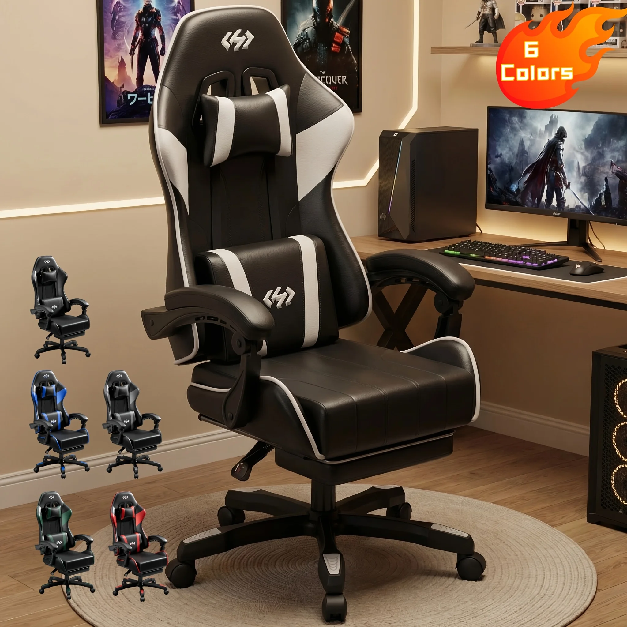 Ergonomic Gaming Chair with Spring Cushion, Retractable Footrest, Headrest & Lumbar Support, PU Leather Swivel Computer Desk Chair for Office & Gaming LODEIJA