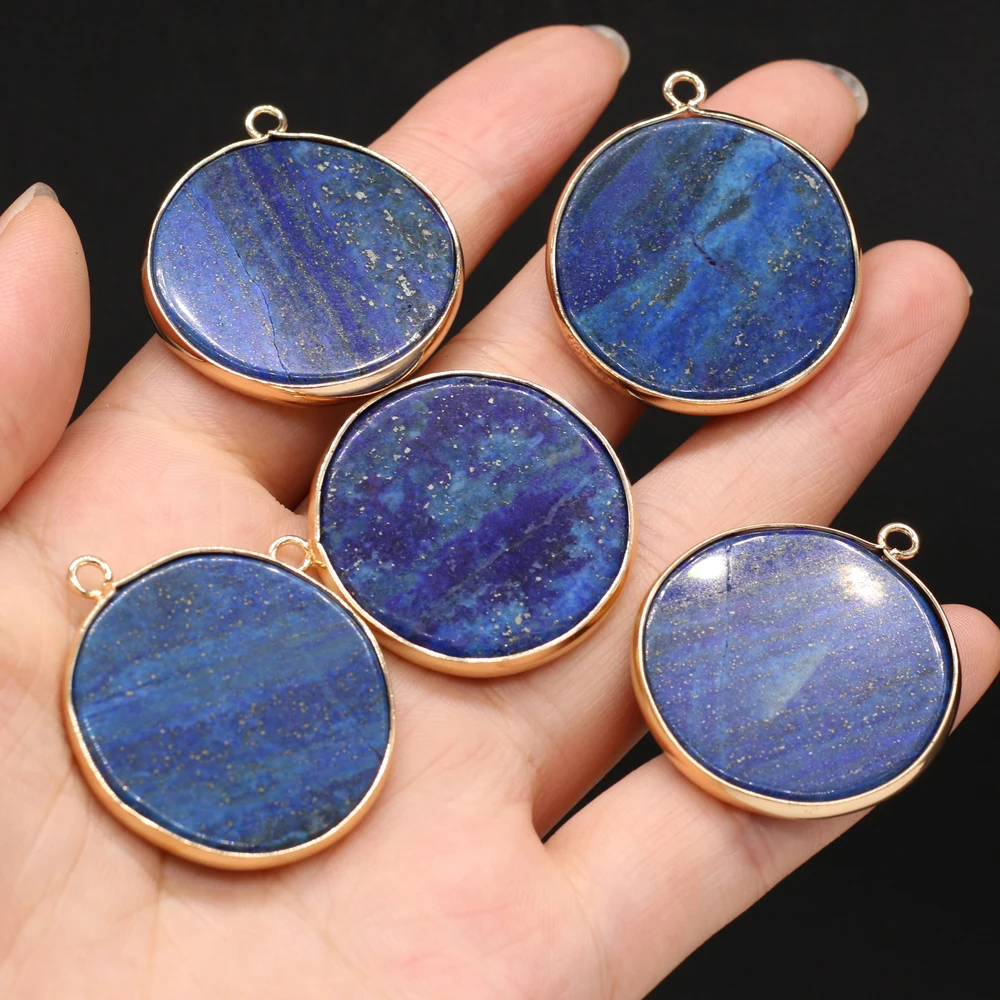 1pc Lapis Lazuli Natural Stone Round Gold-plated Gilt Pendant Craft Jewelry MakingDIY Necklace Earring Accessory Gift Party