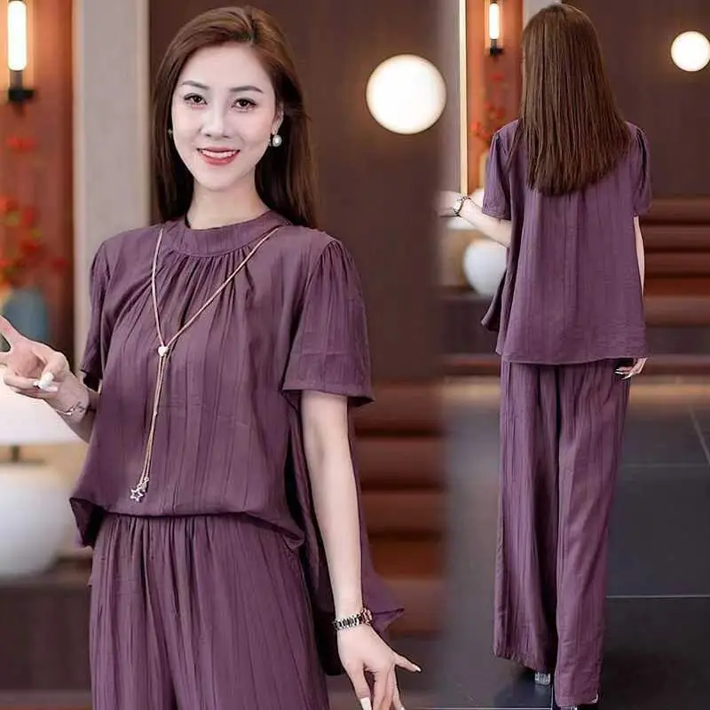 Summer 2026 Loose Design Slimming Short Sleeve Top Wide Leg Pants Two Piece Set Elegant Quality Women's Casual Sportswear