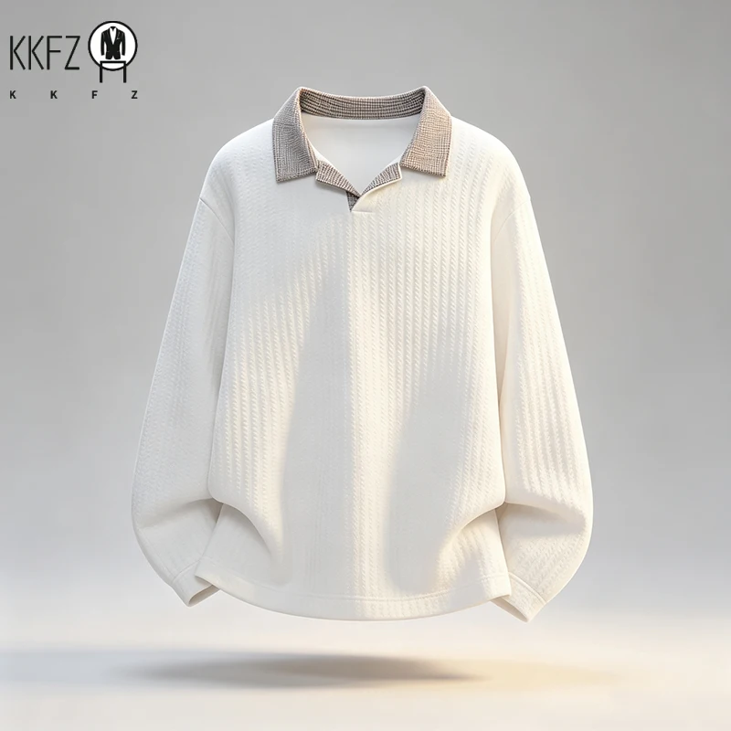 Male Rib Knit V Neck Polo Shirt Long Sleeve Contrast Plaid Collar Relax Fit Lightweight Streetwear Top