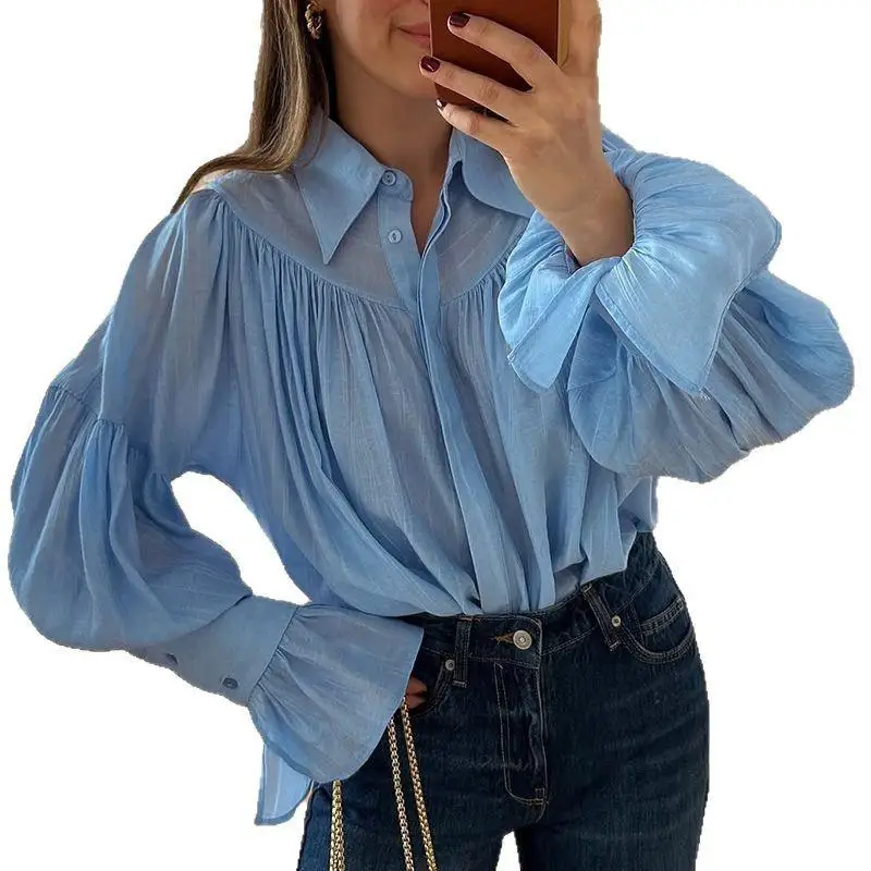 

Women's Collar Flared SVE Pleated Long irt Polyester Fiber 00% Regular Thin Long Sve Pure Color Resistant to Defor...