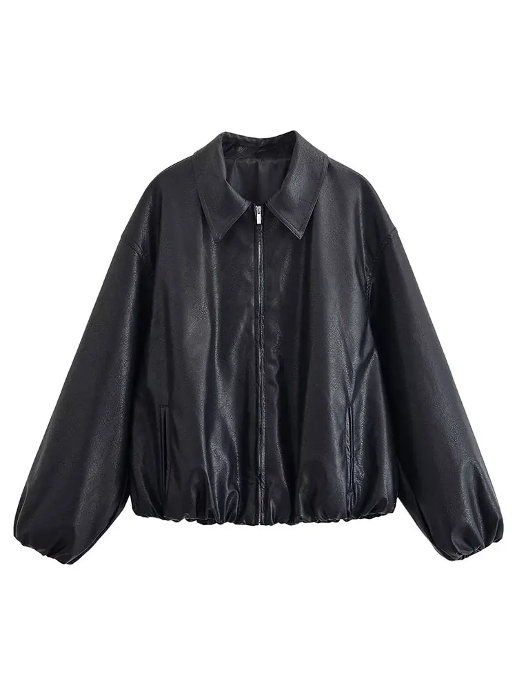 HH الخريف المرأة خمر الصلبة فو الجلود دراجة نارية سترة سحاب أكمام طويلة معطف المرأة أنيقة موضة الشارع الشهير السترات