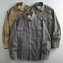 Washed American classic color striped casual shirt men's autumn loose long-sleeved shirt men's coat