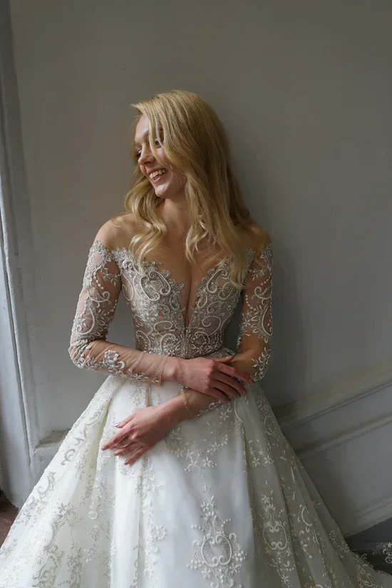 Sprankelende A-lijn Kant Applique Kraal Dames Trouwjurk Diepe V-hals Off Schouder Sexy Bruidsjurk Vestido De Noiva Aangepast