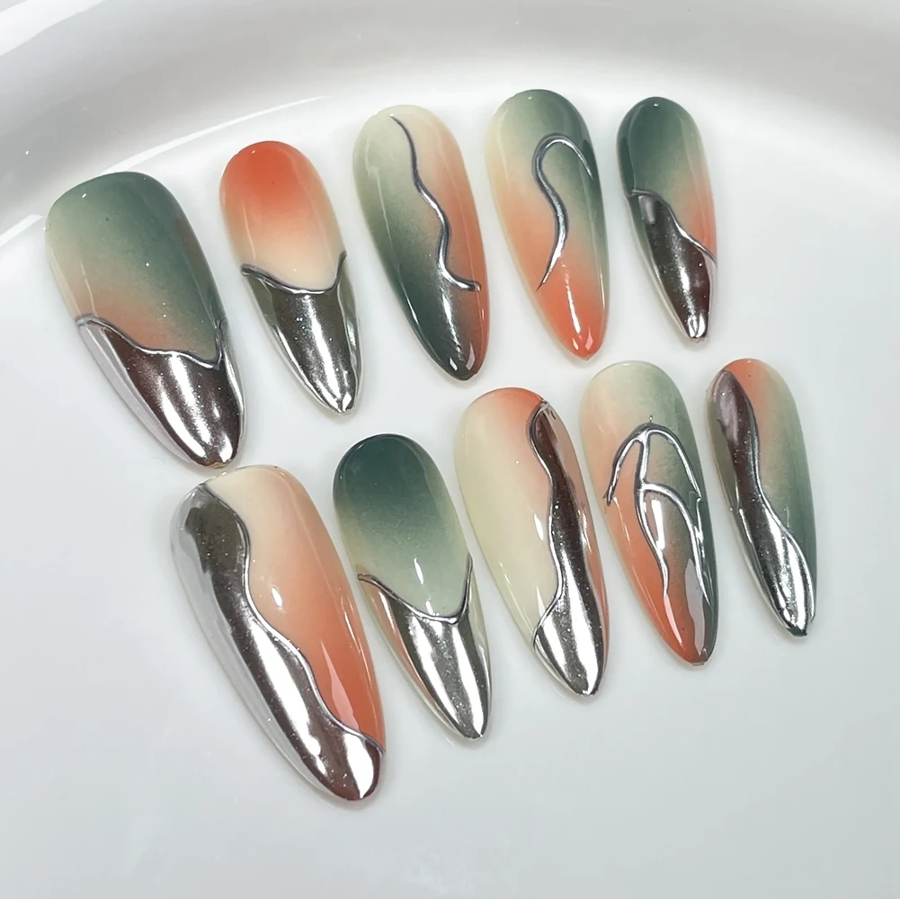 Handmade Y2k Stiletto Press on Nails Metallic Gradient Luxury Long Reusable False Nails Artifical Nail Tips Desired Life Store