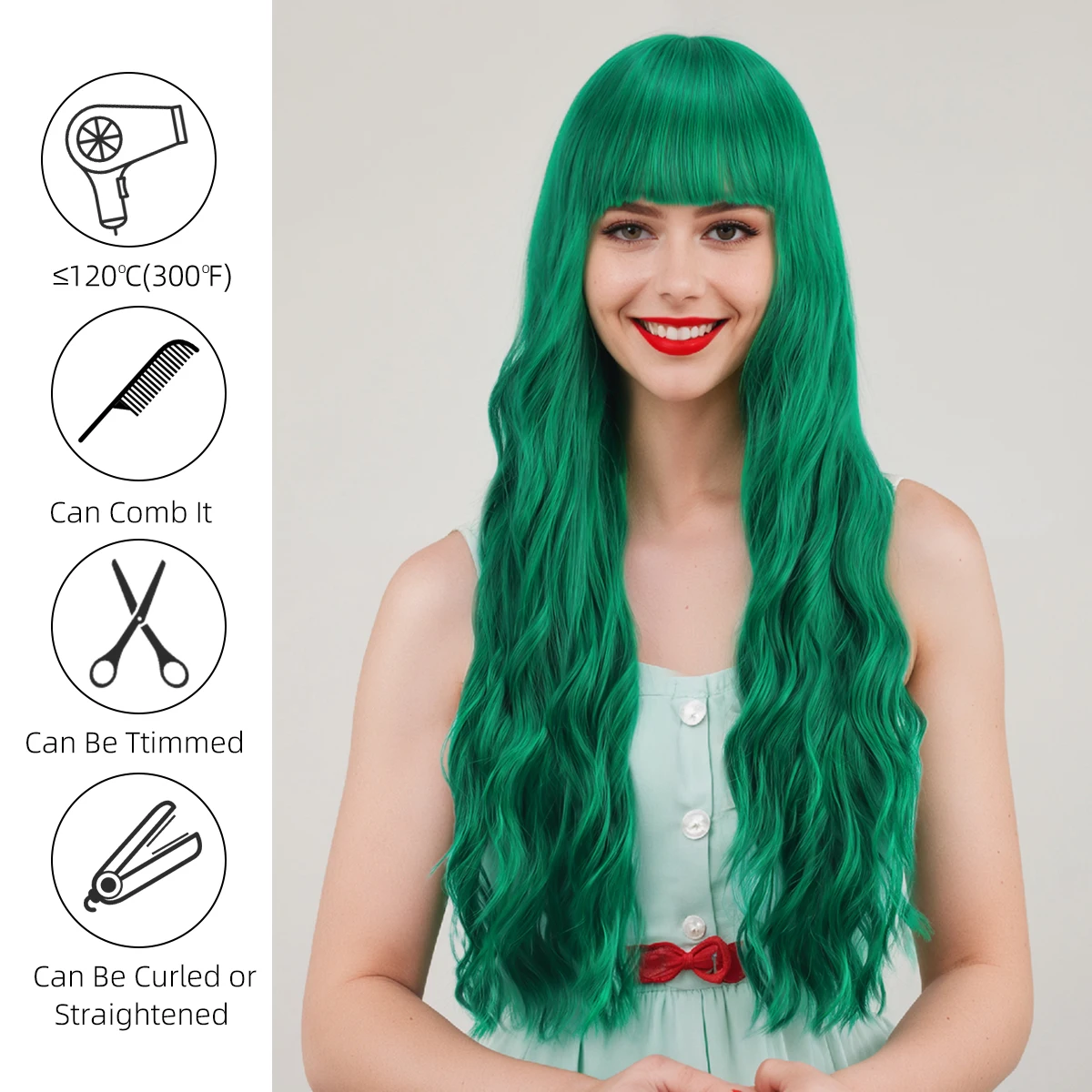 غرة أوروبية وأمريكية، شعر مجعد طويل، شعر طويل مموج بالماء الأخضر، غطاء رأس كامل من الألياف الاصطناعية