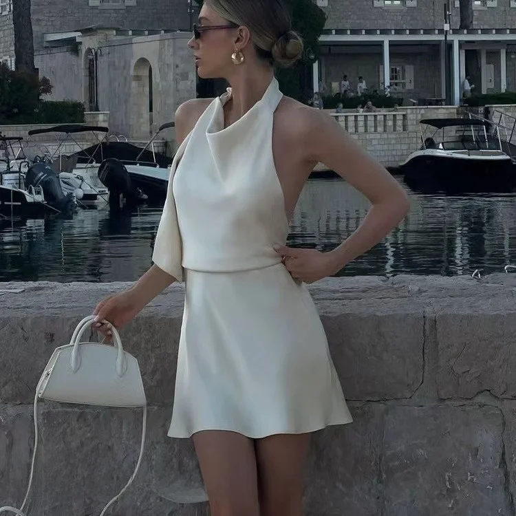 

Faionable Satin Sexy Bal ter Dr Ne Hanging Dr Alluring Evening Gown ort Skirt High Waist Nude Color Women...